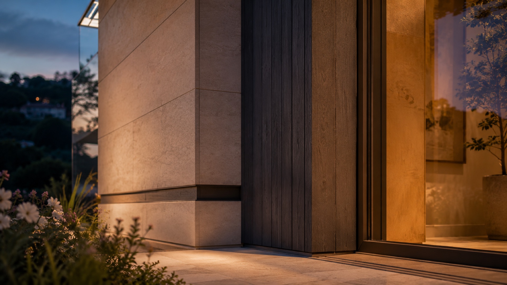 Premium-Architekturdetail mit Travertin, dunklem Eichenholz und warmem Innenlicht
