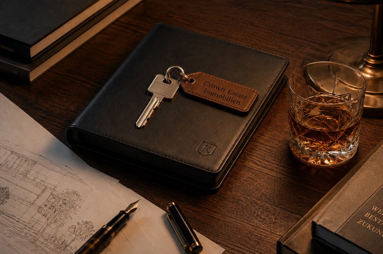 Investment-Stilleben mit Crown-Estate-Schlüssel, Architekturplan und Whisky-Glas