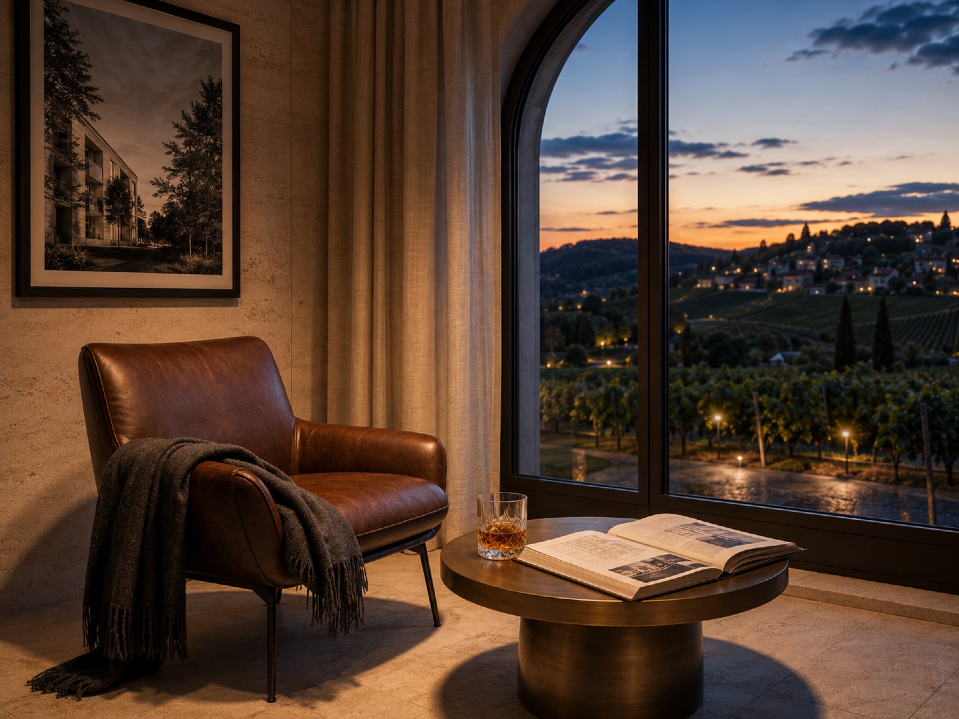 Edle Beratungslounge mit Blick auf Württemberger Weinberge zur Blauen Stunde